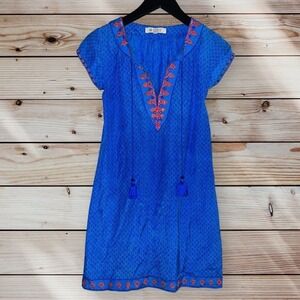 D5 Sulu Collection Dress Blue Silk Womens Blue Short Sleeve Embroidered Tunic XL